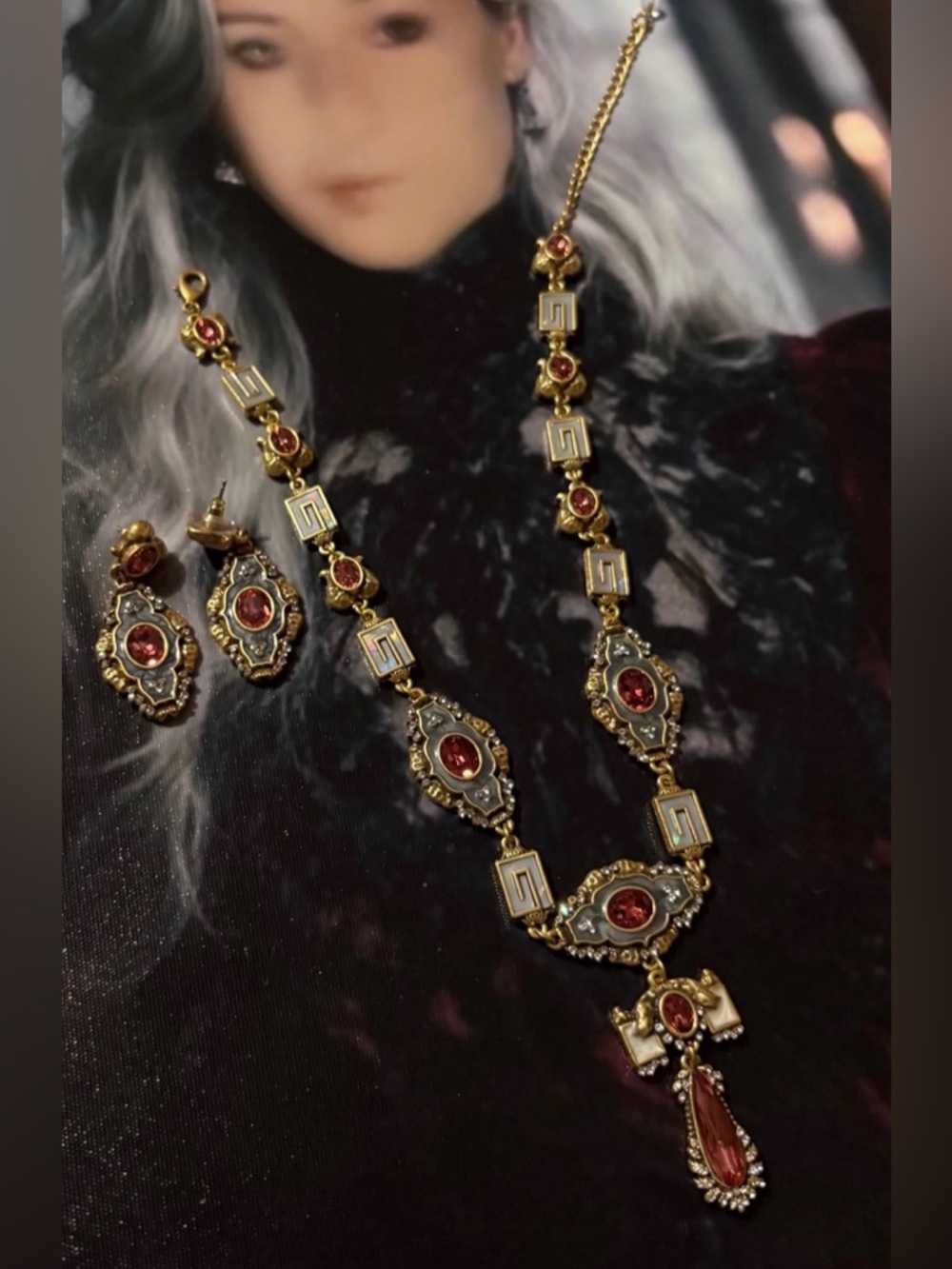 Vintage Victorian-Style Gold Necklace & Earring Set with Pink Stones